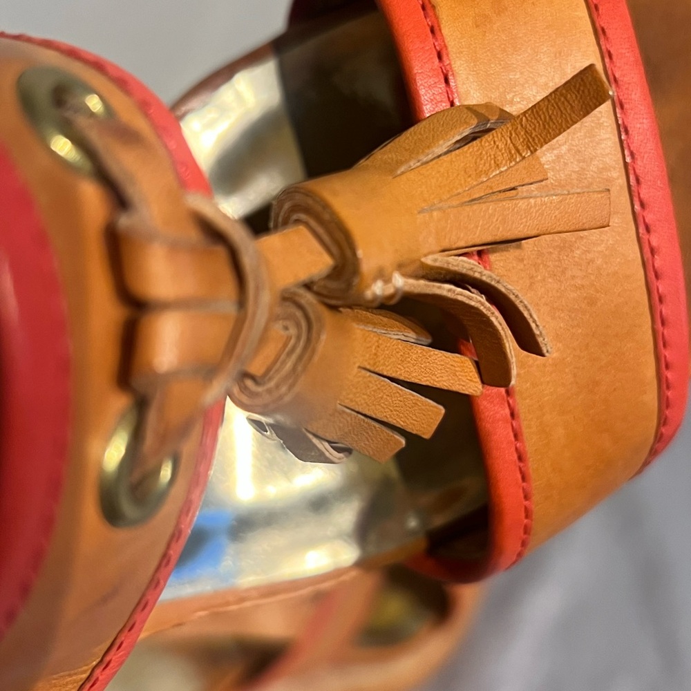 Coach Tan and Orange Leather Tassel Wedge Sandals - Picture 14 of 16